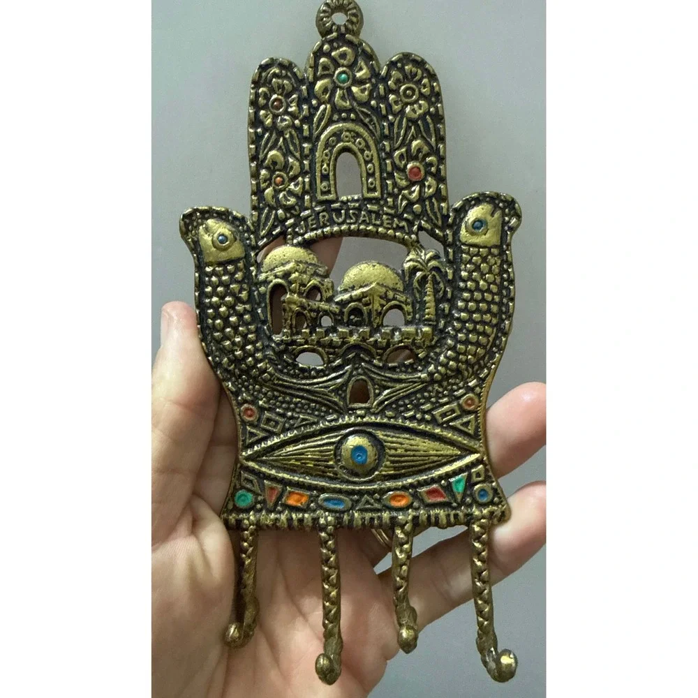 Tamar Holy Land Brass Hamsa Jerusalem Evil Eye Wall Hook Rack Vintage Israel